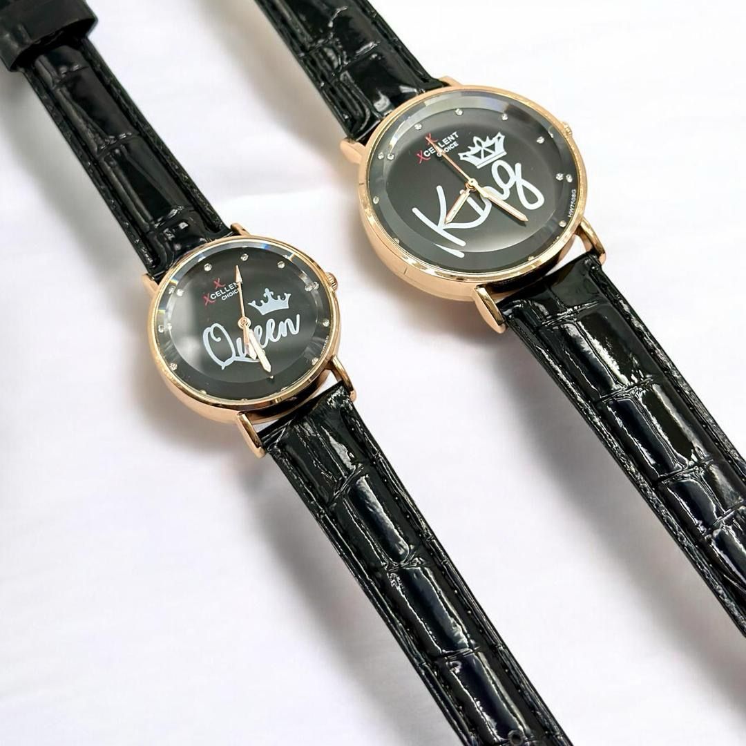 Stylish Unisex Analogue Couple Watches -2 Pcs In Textured Black Leather