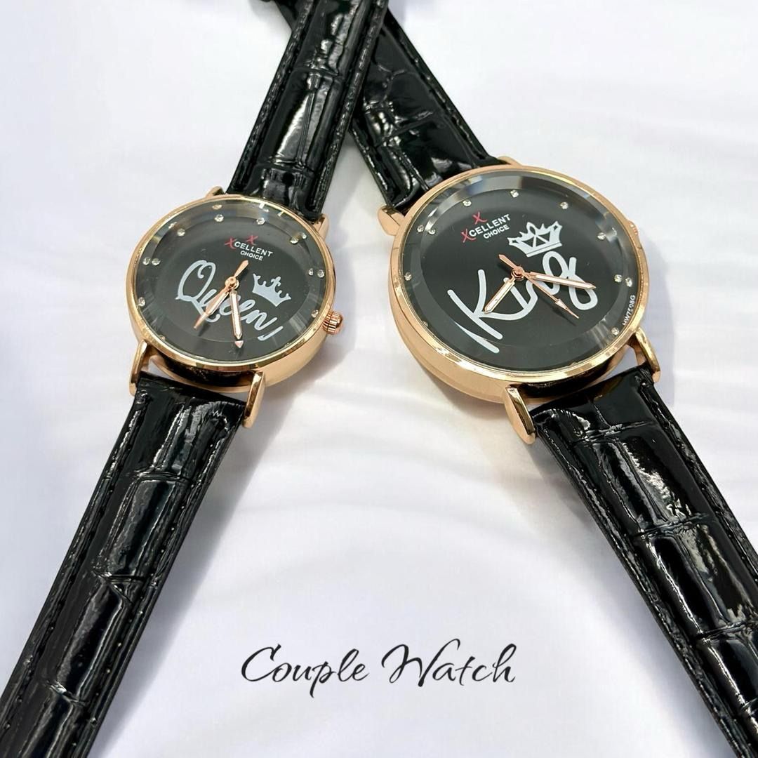 Stylish Unisex Analogue Couple Watches -2 Pcs In Textured Black Leather